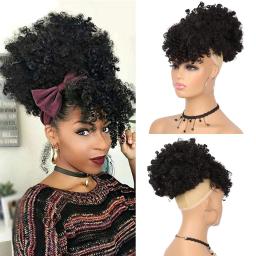 item search image for Synthetic Afro Puff Hair Bun Extensions Drawstring Ponytail With Bangs Short Kinky Curly Pineapple Clip in on Wrap Updo Ponytail