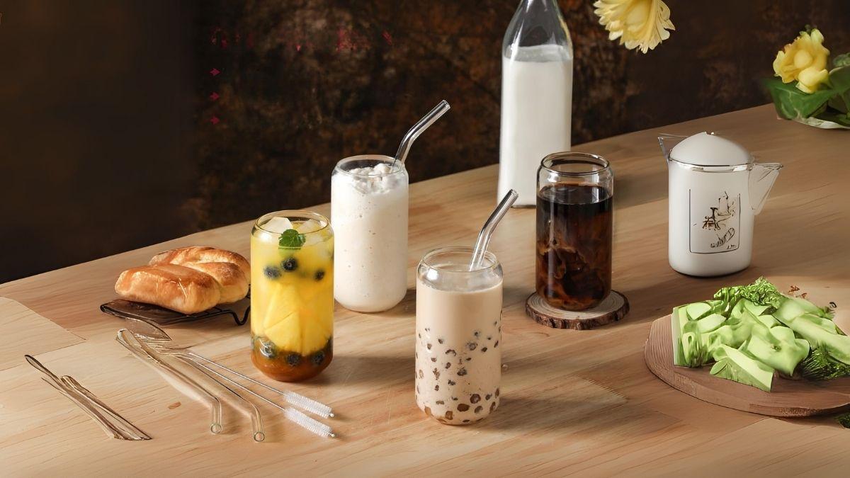 image for NETANY Drinking Glasses with Glass Straw 4pcs Set: Stylish 16oz Highball Cups for Every Beverage