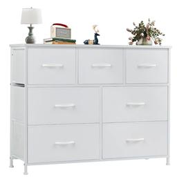 item search image for OLIXIS Dresser for Bedroom, 7 Storage Drawers, Wide Fabric Closet Chests Organizer Tower Furniture, TV Stand with Wooden Top Metal Frame for Clothes, Living Room, Hallway, Entryway, Classic White