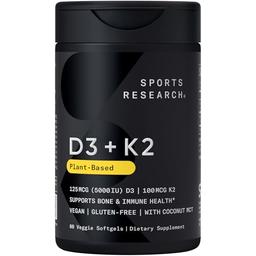 item search image for Sports Research® Vitamin D3 + K2 w/ Coconut Oil - Vegan Vitamin D 5000iu & Mk7 Vitamin K 100mcg for Bone & Immune Support - Vegan Certified · Non-GMO · Soy Free - 60 Softgels