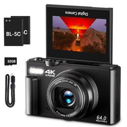 item search image for 4K Digital Camera for Photography, 64MP Vlogging Camera for YouTube with 3" 180° Flip Screen, 18X Digital Zoom Point and Shoot Camara with 32GB Micro SD Card for Beginner (Black)