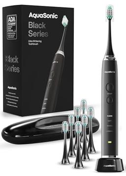 item search image for Aquasonic Black Series Ultra Whitening Toothbrush – ADA Accepted Electric Toothbrush- 8 Brush Heads & Travel Case – 40,000 VPM Electric Motor & Wireless Charging - 4 Modes w Smart Timer