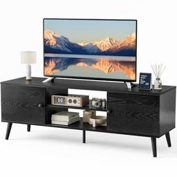 item search image for Sweetcrispy TV Stand for 55 60 inch TV, Modern Mid Century Entertainment Center with Storage, Media Console Table 2 Cabinet, Soft Hinge, Handle Door, Wooden Living Room, Office Furniture, Black