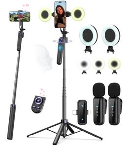 item search image for Vlogging Kit for iPhone/Android, 63”Auto Face Tracking Tripod for iPhone with Light, Wireless Microphones, Scrolling Remote Control for TikTok, Content Creator Kit for YouTube Starter