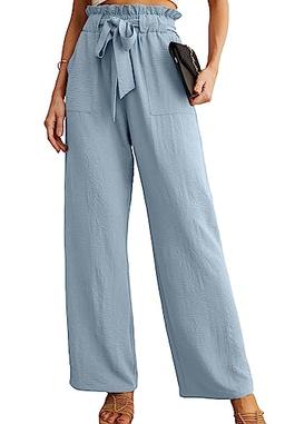 item search image for IWOLLENCE Women's Wide Leg Pants with Pockets High Waist Adjustable Knot Loose Casual Trousers Business Work Casual Pants Haze Blue Small