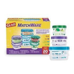 item search image for Glad GladWare MatchWare Food Storage Containers with Lids, Reusable Plastic Containers Variety Pack for Lunch, Meal Prep, and Leftovers, Leak Resistant, Microwave and Dishwasher Safe, 20 Piece Set