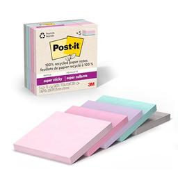 item search image for Post-it 100% Recycled Paper Super Sticky Notes, 3 in. x 3 in., 5 Pads, 70 Sheets per Pad, Wanderlust Pastels, New Year Organization or Second Semester School Supplies