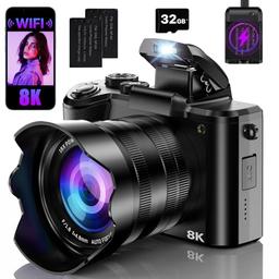 item search image for 8K Digital Cameras for Photography with WiFi,Autofocus 88MP Vlogging Camera for YouTube with Dual-Lens,16X Digital Zoom Point and Shoot Camera,3.2''Touch Screen, Anti-Shake,2 Batteries &Charging Stand