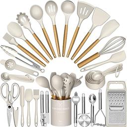 item search image for Cooking Utensils Set- Umite Chef Khaki Silicone Kitchen Utensils Set, 34PCS Heat Resistant Kitchen Gadgets Tools Set with Grater, Wooden Handle Kitchen Spatula Set for Nonstick Cookware