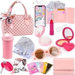 item search image for Oisacirg Play Purse for Little Girls, 32PCS Toddler Purse with Pretend Makeup for Kids, Princess Toys Includes Handbag, Phone, Wristwatch, Silk Scarf Kids Toy Purse Birthday Gift for Girls 3 4 5 6 +