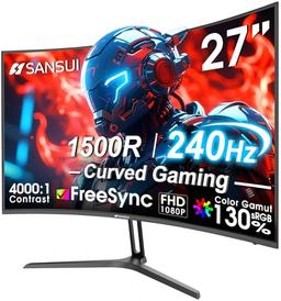 item search image for SANSUI 27 Inch Curved 240Hz Gaming Monitor FHD 1080P, 1500R Curve Computer Monitor, 130% sRGB, 4000:1 Contrast, HDR, FreeSync, MPRT 1Ms, Low Blue Light, HDMI DP Ports, Metal Stand, DP Cable Incl.