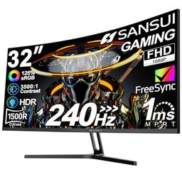 item search image for SANSUI 32 Inch Curved 240Hz Gaming Monitor High Refresh Rate, FHD 1080P Gaming PC Monitor HDMI DP1.4, Curved 1500R, 1Ms MPRT, HDR,Metal Stand,VESA Compatible(DP Cable Incl.)
