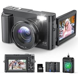 item search image for 4K Digital Camera for Beginners & Teens, Autofocus 48MP Vlogging Camera for YouTube, 3'' 180°Flip Screen Camera with Flash 16X Zoom, 32G Card Battery Charger Black, Easy to Use