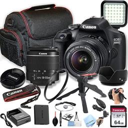 item search image for Canon EOS 2000D / Rebel T7 DSLR Camera w/EF-S 18-55mm F/3.5-5.6 Zoom Lens + 64GB Memory, LED Video Light, Case, Gripster Tripod, and More (Essential Bundle) (Renewed)
