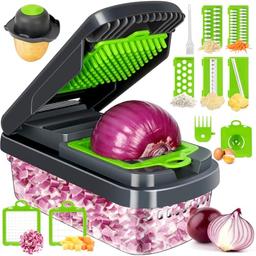 item search image for Yusshn Vegetable Chopper,12-in-1 Multifunctional Food Chopper,Professional Onion Chopper with 7 Blades,Vegetable Cutter with Container for Salad,Potato,Carrot,and Garlic; Essential Kitchen Tool(Grey)