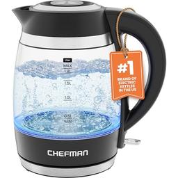 item search image for Chefman Electric Kettle, 1.8L 1500W, Hot Water Boiler, Removable Lid for Easy Cleaning, Auto Shut Off, Boil-Dry Protection, Stainless Steel Filter, BPA Free, Borosilicate Glass Electric Tea Kettle