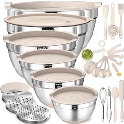 item search image for Mixing Bowls with Airtight Lids Set, 26PCS Stainless Steel Khaki Bowls with Grater Attachments, Non-Slip Bottoms & Kitchen Gadgets Set, Size 7, 4, 2.5, 2.0,1.5, 1QT, Great for Mixing & Serving