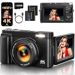 item search image for 4K Digital Camera for Photography, 64MP Autofocus WiFi Vlogging Camera for YouTube with 3'' 180° Flip Screen,Travel Camera with SD Card, Point and Shoot Digital Camera 16X Zoom, UV Filter,2 Batteries