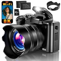 item search image for 8K Digital Camera, 88MP WiFi Cameras for Photography with 3.2" Touchscreen, 16X Zoom Autofocus Vlogging Camera for YouTube Video, Anti-Shake, Dual Camera, 2 Batteries, 64GB Card, Flash, Lens Hood