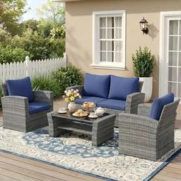 item search image for Wisteria Lane 4 Piece Patio Furniture Set, Wicker Outdoor Patio Conversation Furniture Set, All Weather Outdoor Patio Sofa with Cushion and Glass Table, Navy Blue