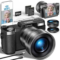 item search image for FLATIC 5K Digital Camera with WiFi, Cameras for Photography with 180°Flip Screen, Vlogging Camera with 64GB Card, Battery, Camera for Beginner, Teens