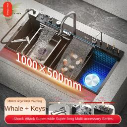 item search image for Large Single Slot Kitchen 304 Stainless Steel Waterfall Sink, Digital Display Embossed Washing Basin Househeld washing Sink