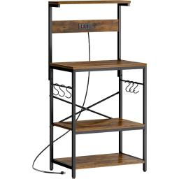 item search image for Kitchen Bakers Rack with Power Outlet, Coffee Bar Table 4 Tiers, Kitchen Microwave Stand with 6 S-shaped Hooks, Storag